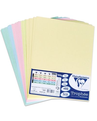 Цветен копирен картон Clairefontaine - А4, 50 листа, 160 g/m2, пастелни цветове - 1